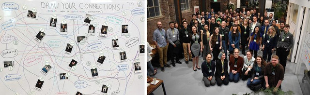 Two photographs from Catalyst. The first is of a whiteboard with the words "Draw Your Connections" at the top. Instant photos of people are on the board, and lines are drawn between them and various words on the board (e.g. "synthetic biology"). The second photo is a group photo of all the attendees standing together.