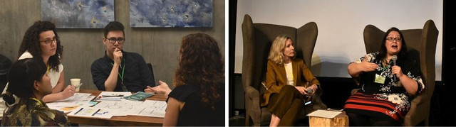Two photographs from Catalyst. In the first, a group of people sits around a table, seeming to be engaged in conversation. In the second, two people in a Long Conversation sit in chairs facing  each other and speaking.